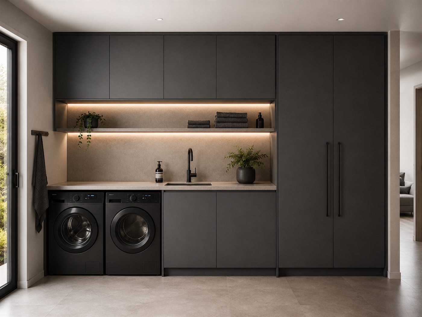 Fitted laundry in matte charcoal cabinetry with overhead cupboards, tall storage and stone benchtop