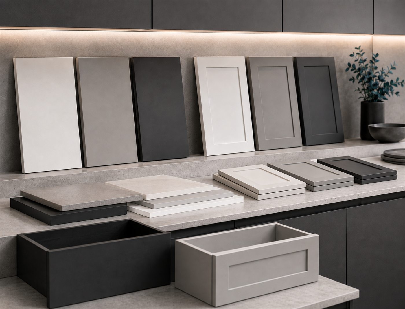 Cabinet door and panel samples in white, grey and charcoal - plain slab and shaker profiles with matching drawer boxes