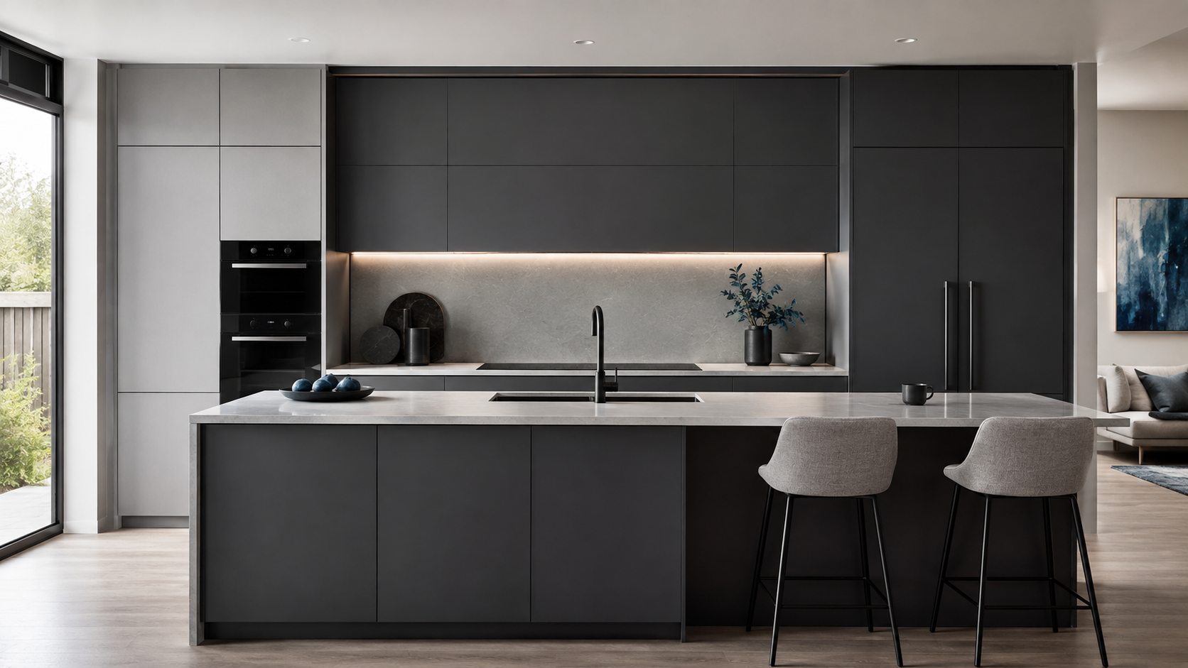 Modern kitchen with matte charcoal cabinetry, integrated island and stone benchtop