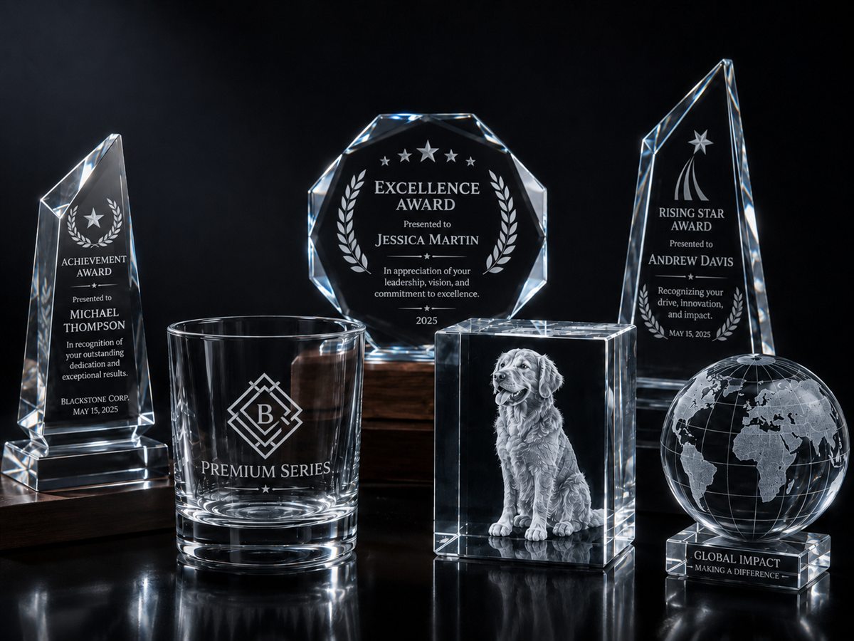 UV-engraved crystal awards, an engraved glass tumbler, a 3D internal crystal block and an engraved crystal globe