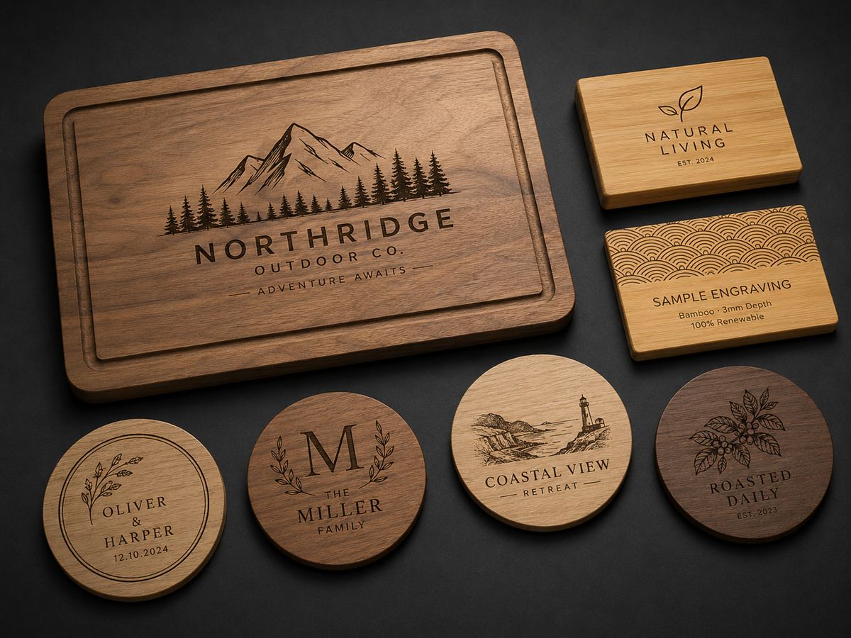 Engraved timber and bamboo samples - a walnut serving board, bamboo blocks and four engraved coasters
