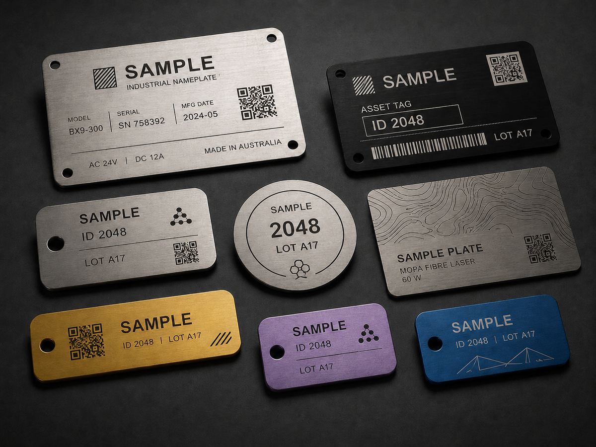 Laser-marked sample nameplates and asset tags in stainless steel, black anodised and coloured anodised aluminium, with QR codes, barcodes and serial data